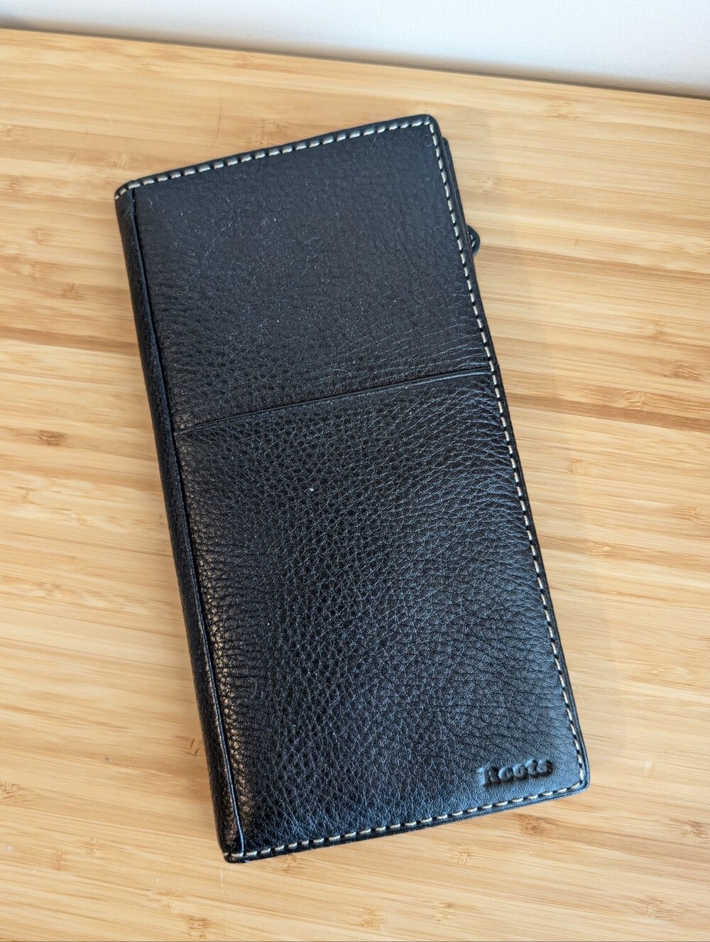 Roots Black Bi-fold Long Wallet with Contrast Stitching